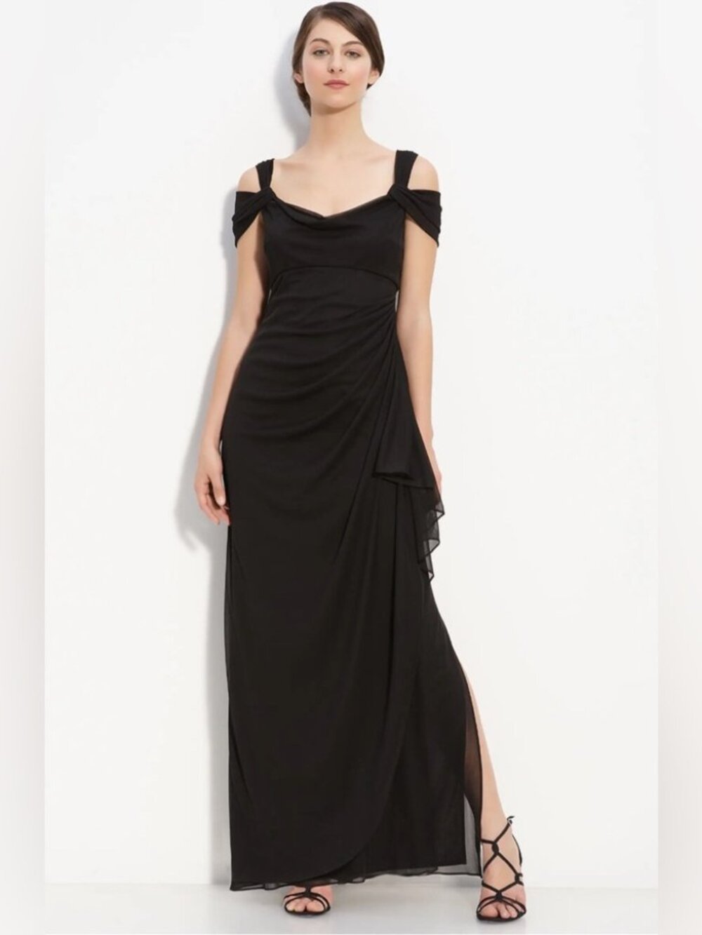 Alex Evenings Black Cold Shoulder Ruffle Cascade Formal Gown Size 14
